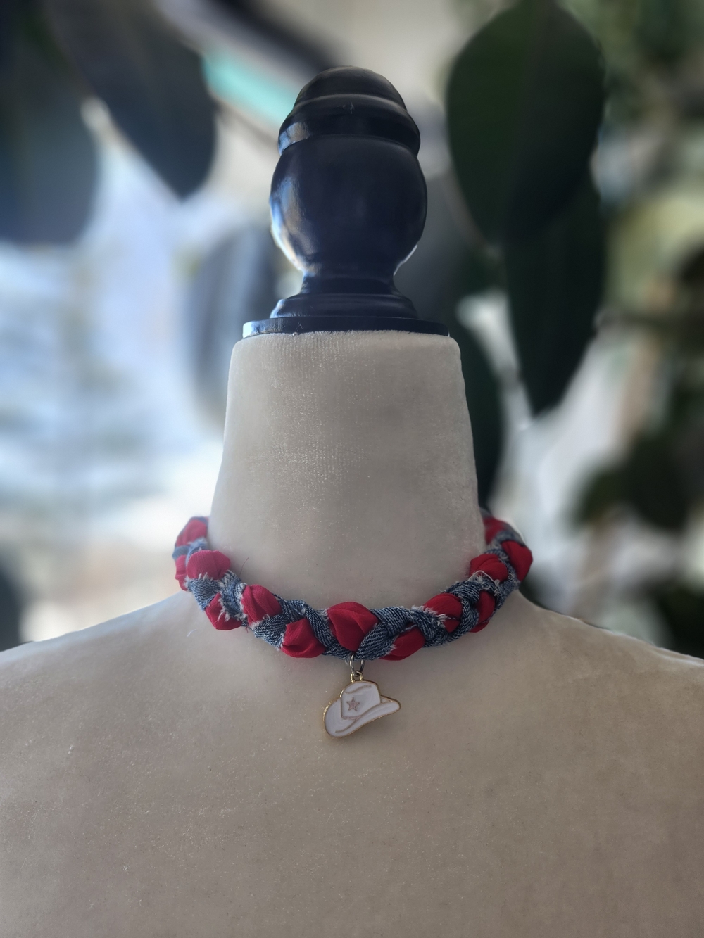 Handmade Red and Denim Braided Choker Necklace  Gold Cowboy Hat Charm Upcycled